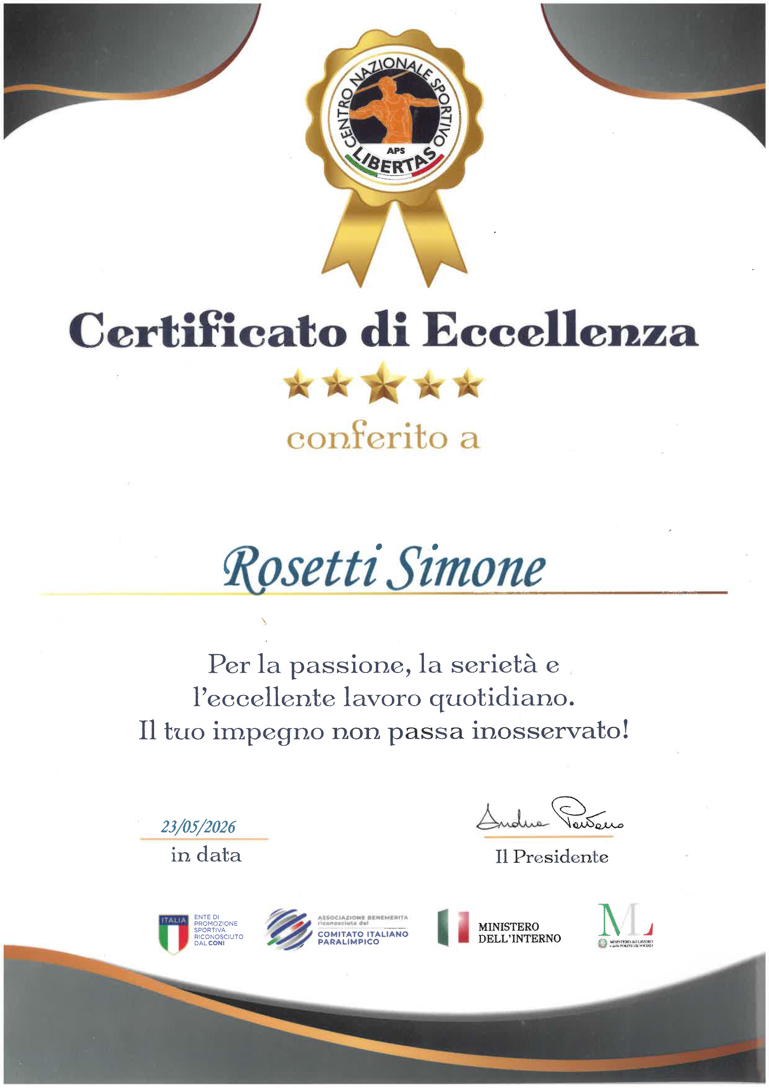 Certificato eccellenza simone libertas